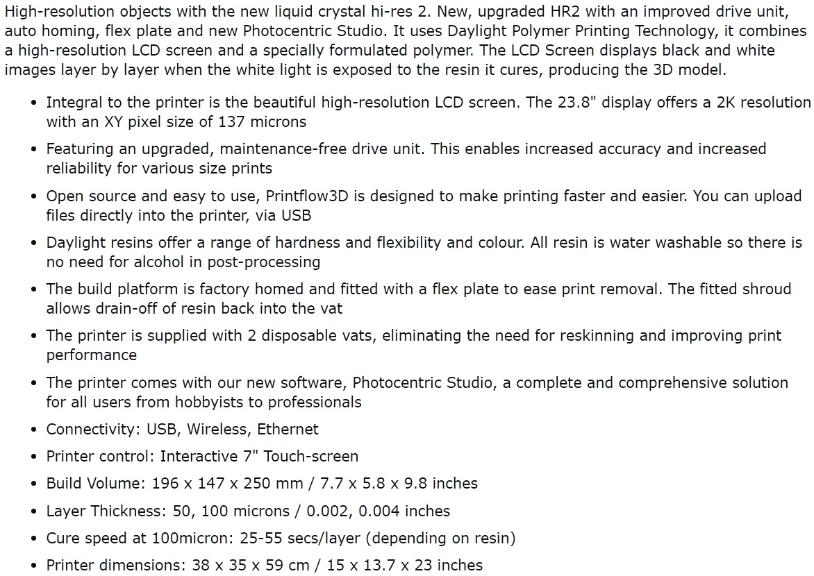 מדפסת תלת מימד PHOTOCENTRIC LIQUID CRYSTAL HR V2 TEXT
